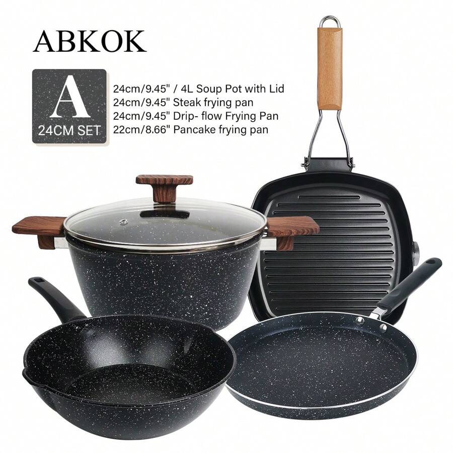 ABKOK 1pc/4pcs Cookware Set, 1-2 Serving Non-Stick Soup Pot And Frying Pan Combo | Compact Size, Suitable For Single Cooking, Sold Individually Or As A Set - Black - View 1