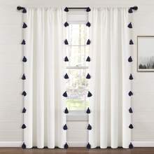 Lush Decor Boho Faux Linen Texture Tassel Rod Pocket Window Curtain Panel Single White/Turquoise 52X84 Halloween-Fall Decor-Room Decor - Trắng/Xanh nước biển - Xem 2