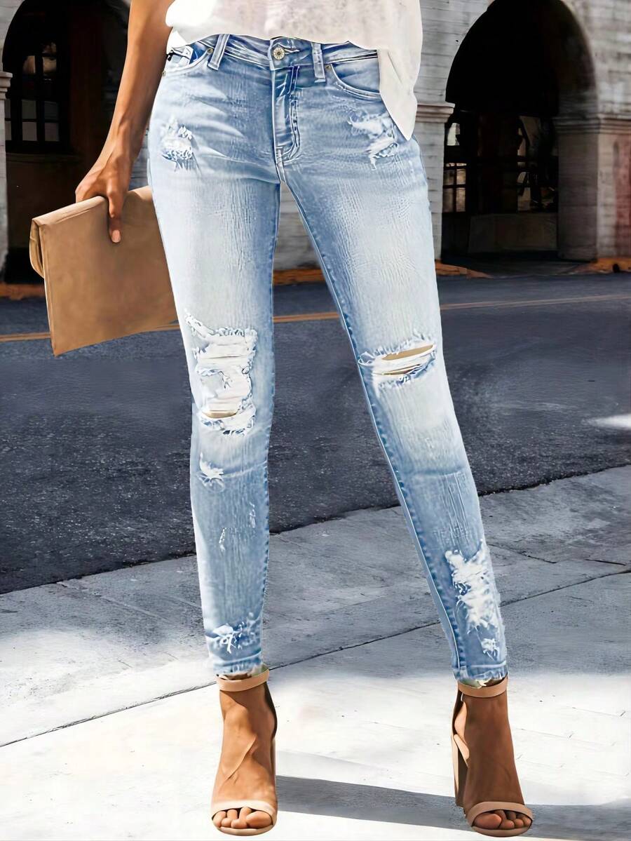 Women's High Waist Tight Stretch Jeans With Holes In The Hips Denim Trousers - 淺藍色 - 查看 1