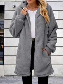 2024 Autumn/Winter New Arrival Hooded Plain Fuzzy Zipper Jacket, Plus Size Women