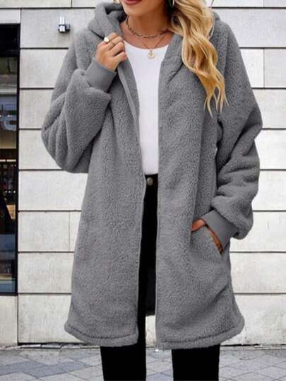 2024 Autumn/Winter New Arrival Hooded Plain Fuzzy Zipper Jacket, Plus Size Women