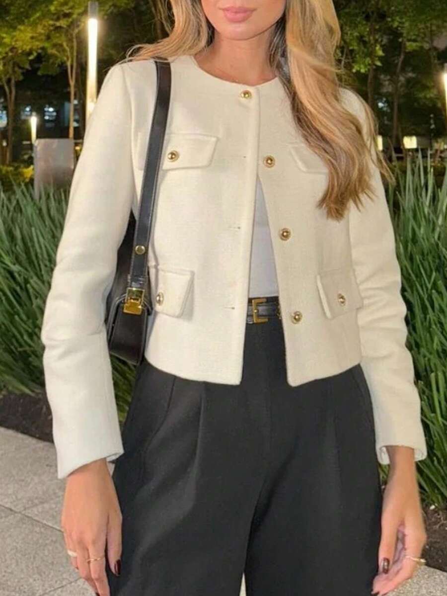 1 件纯色梭织面料口袋前扣女士常规款夹克，适合秋冬季办公室穿着