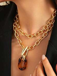 1件优雅女士项链，时尚金属金链多层项链，适合派对和日常佩戴 - 金黃色 - 查看 1