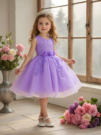 Girls White Elegant Lace Embroidered Sleeveless Midi Dress, Suitable For Flower Girl, Wedding, Party, Birthday, Ballet Dance