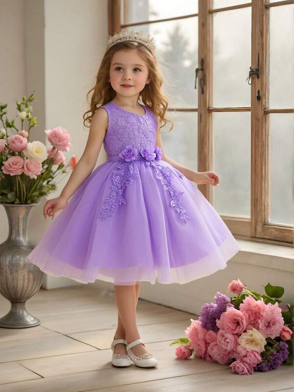 Vestido midi elegante blanco de niña con encaje bordado y sin mangas, adecuado para niña de las flores, boda, fiesta, cumpleaños, ballet