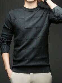 男士圆领商务休闲套头针织衫，适合秋冬季节，长袖上衣 - 墨綠色 - 查看 2