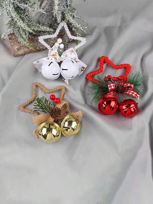 1 pieza Adorno colgante de Navidad, Accesorio colgante de campana de pentágono, Adorno de árbol de Navidad, Decoración de ventana con lazo y campana