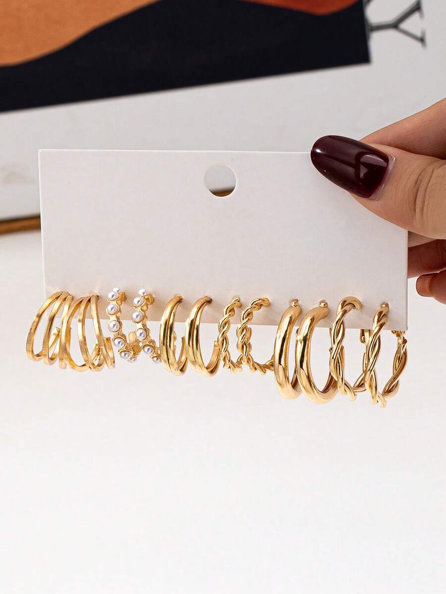 Bộ 6 đôi khuyên tai tròn nhỏ trơn kim cương hình học tối giản - Vàng - Xem 1