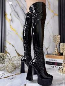 Women Over-The-Knee Boots - Negro Charol - View 1