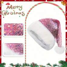 Christmas Sequin Santa Hat - Double Layer Shimmery Polyester Beanie Cap With Plush Trim, Inelastic, Handwash Only, Knitted Craftsmanship, No Feathers, Festive Holiday Headwear For Adults - 紅色 - 查看 3