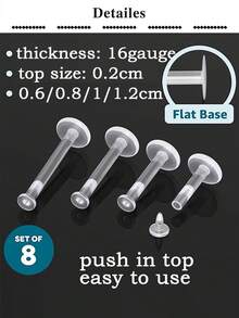 10 piezas de pendientes transparentes de 16g para deportes y trabajo, retenedores de piercing de labret Bioflex, pernos de piercing de plástico transparente para hélix, trago, labio, medusa y Monroe (6-12mm) - transparente - Ver 4