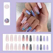 Long Coffin Press On Nails Glitter Full Cover Glue On Nails Sparkly Fake Nails Long Coffin Nail Press Ons Acrylic Artificial Nails Cute Stick On Nails For Women 24Pcs - 長款-C5C32 - 查看 5