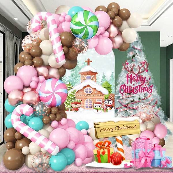 116 piezas Conjunto de arco de globos con tema navideño, globos de papel de aluminio en forma de molinillo rosa y verde, globos de papel de aluminio grandes en forma de bastón de caramelo rosa, globos de látex rosa, azul marino y caqui, adecuado para fiesta con tema navideño, decoración para reunión familiar en Navidad