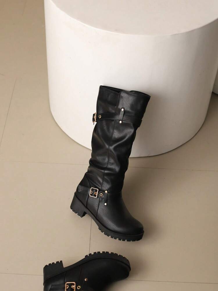 2025 秋冬新款粗跟复古褶皱圆头中筒靴，棕色，复古英伦风女式短靴 - 黑色 - 查看 6