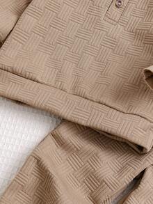 Bhchntiy 2pcs Baby Boy Autumn/Winter New Patchwork Ribbed Polo Collar Jacquard Fabric Solid Color Sweatshirt And Solid Color Jacquard Fabric Pants Casual Fashion Set - Khaki - View 6