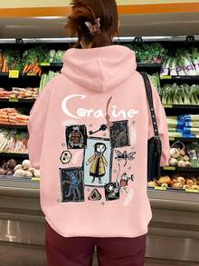 Plus Size Cartoon Print Long Sleeve Dropped Shoulder Casual Sweatshirt With Pocket - Pink - View 4