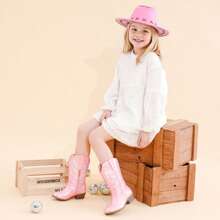 Girls Rose Pink PU Western Cowboy Boots Pointed Toe Mid Calf Rhinestone Riding Cowgirl Boots For Toddler Little Big Kids Party School Holiday Dress Up - 玫瑰粉 - 查看 5