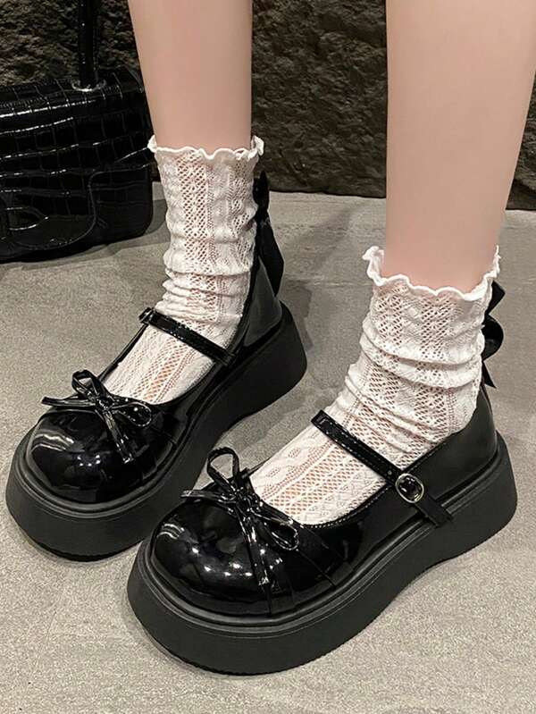 1 Pair Casual Flat Slip-On Loafers For Teens, PU Bow Round Toe