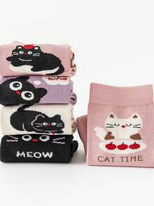 10 双儿童卡通猫咪图案袜子，拼色小猫中筒袜，适合男孩和女孩，适合所有季节的日常穿着 - 彩色 - 查看 7