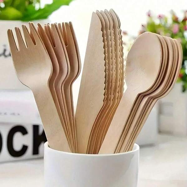 10/25/30/50/75/100/150/300 Pcs Wooden Salad Forks And Spoons, Cutlery Set, Disposable Party Utensils, Best For Birthday Party, Wedding, Holiday Celebration