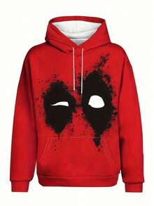 男士红色新颖数码印花袋口袋套头连帽衫运动衫，休闲宽松时尚连帽上衣 - 紅色 - 查看 2