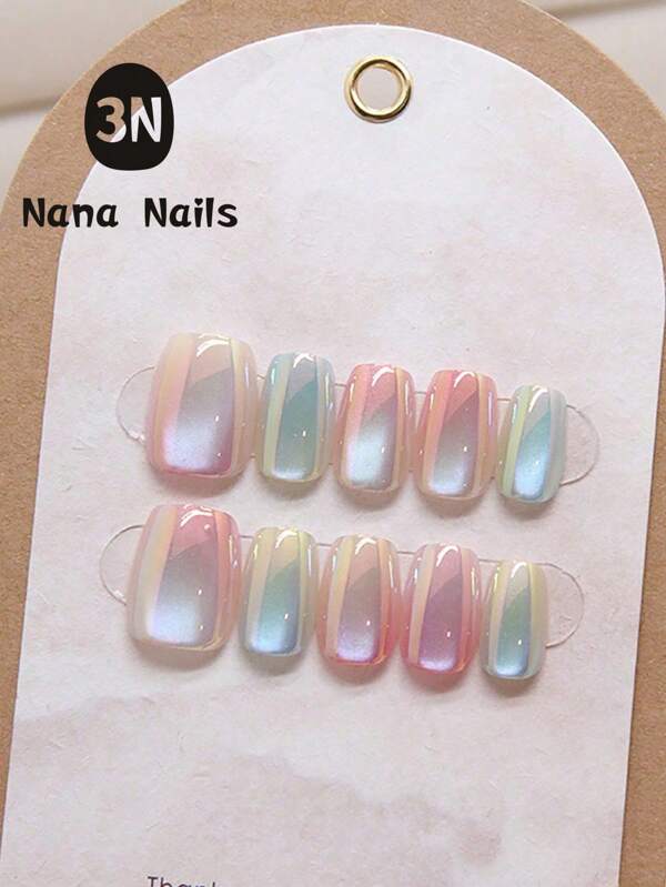 10Pcs Gradient Cat Eye Press On Nails - Short Ballet Shape, Candy Color, Glossy Finish, Easy To Apply And Reusable - Salon Quality Look