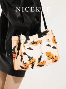 百搭竖条纹流浪汉单肩包，女士钱包和手提包，大容量多口袋帆布单肩通勤包，手提包，轻便休闲托特包，斜挎包，学生学校笔记本电脑包，简约运动背包，多隔层和多口袋，万圣节包，非常适合万圣节派对，搭配万圣节服装，送给女性的最佳万圣节礼物 - 彩色 - 查看 1