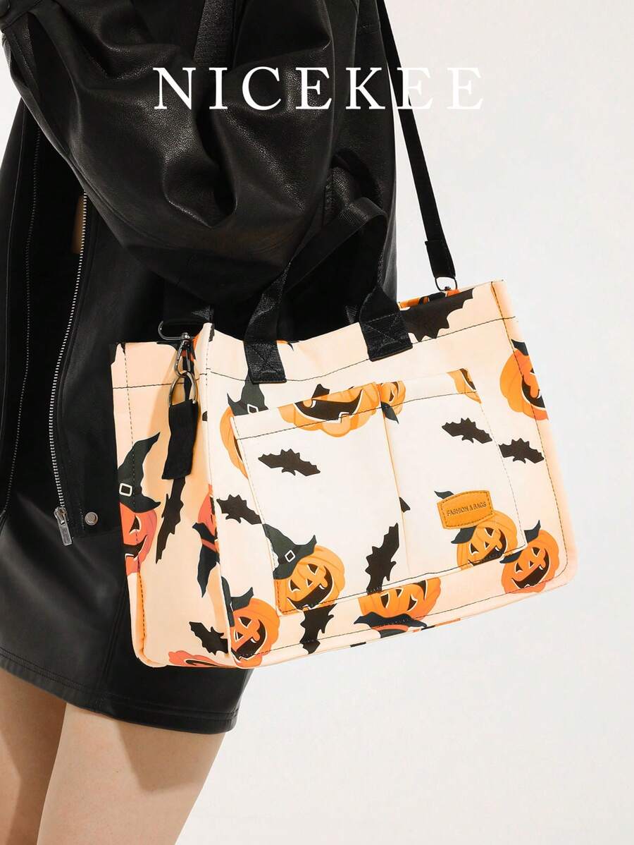 百搭竖条纹流浪汉单肩包，女士钱包和手提包，大容量多口袋帆布单肩通勤包，手提包，轻便休闲托特包，斜挎包，学生学校笔记本电脑包，简约运动背包，多隔层和多口袋，万圣节包，非常适合万圣节派对，搭配万圣节服装，送给女性的最佳万圣节礼物 - 彩色 - 查看 1