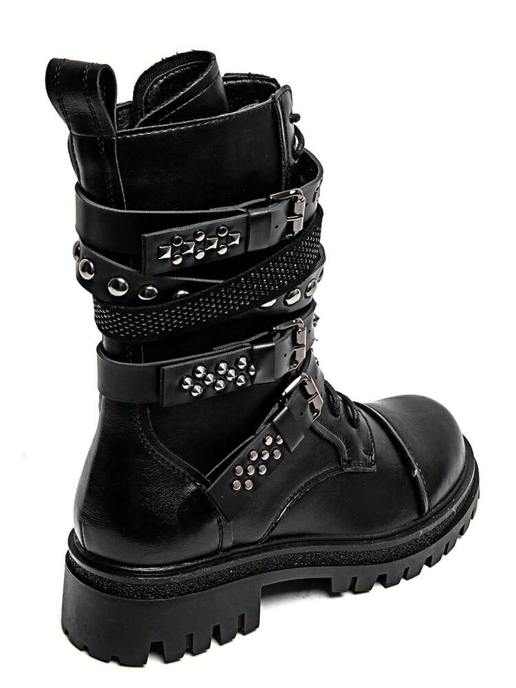 Bottes motardes à boucles et clous, style rock, noir ou marron, couleur unie, décontracté, incrustation de rivets à boutons pour l'extérieur - Noir - Voir 5