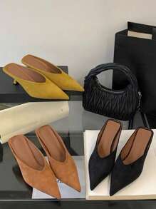 Fall/Winter 2025 Heel French Style Mule Sandals For Women, Pointed Toe High Heel Slip-On Backless Sandals, Summer 2025 New Arrival Elegant Slippers,Elegant,Party,Kitten Heels - Black - View 6