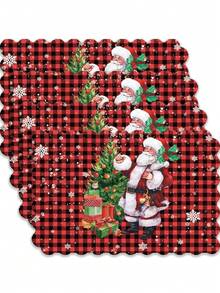 2pcs/4pcs Creative Christmas Party Linen Insulated Mat With Wavy Edge Non-Slip 12*18 Inch Heat Resistant For Christmas Holiday Farmhouse Family Gathering And Party Decoration Placemat