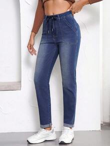 High Waisted High Waisted Elastic Waist Jean Joggers For Women Stretch Loose Denim Pants With Drawstring - Màu xanh lam - Xem 3