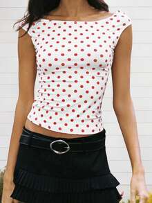 Women Y2K Off Shoulder T-Shirt Short Sleeve Boat Neck Polka Dot Slim Fit Crop Top Summer Baby Tee Going Out Tops Streetwear - 白色 - 查看 2