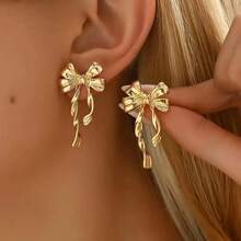 1 par de brincos com laço de fita dourada, adequados para uso diário, festivais e festas, acessório de moda feminina