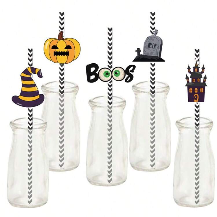 24 Counts Halloween Paper Straws,12 Accessory Patterns,Suitable For Family Gatherings, Holiday Parties And Daily Use - Multicolor - View 1