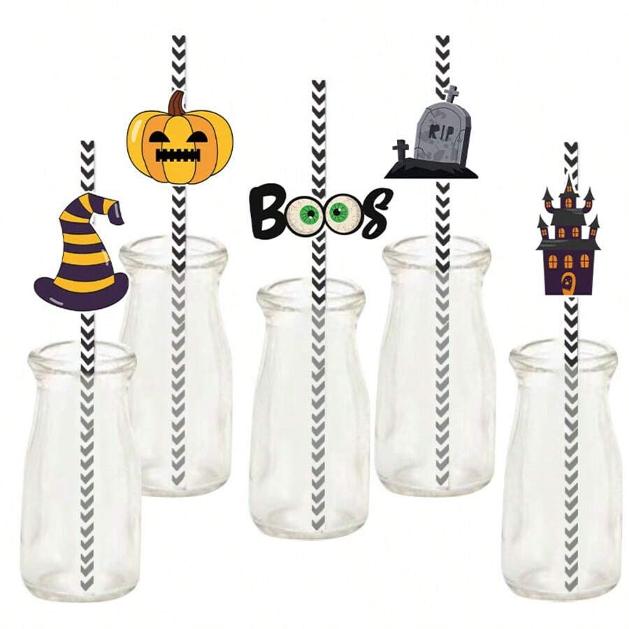 24 Counts Halloween Paper Straws,12 Accessory Patterns,Suitable For Family Gatherings, Holiday Parties And Daily Use