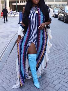 GLOURI Women's Vibrant Cable Knit Sweater Maxi Dress - Sexy High Slit & Boho Striped Ruffles | Long Sleeve Fall/Winter Party Dress (Casual Loose Fit Pullover) - Màu xanh lam - Xem 1