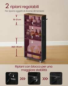 VASAGLE Carrello Stretto a 4 Ripiani, Carrellino da Cucina con Rotelle Maniglia, per Spazio Ridotto, 15 x 43,2 x 86,5 cm, Bagno, Lavanderia, Nero Ebano e Marrone Vintage - nero - Visualizzare 2