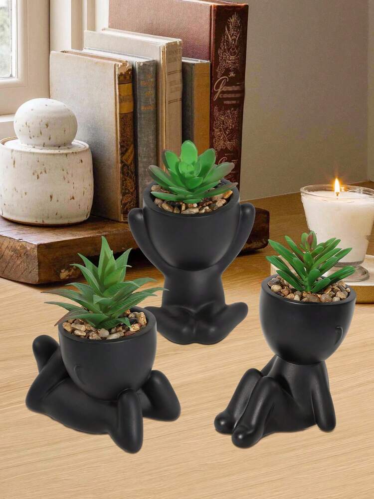 1盆/3盆仿真多肉植物，单盆迷你多肉盆栽，3种形状可选，黑色陶瓷盆，卡通设计，PP/PE材质，绿色，桌面装饰，家居装饰，花园装饰，学校，宿舍，办公室装饰，户外植物，园艺，仿真花，返校季房间装饰，学习用品 - 黑色 - 查看 7