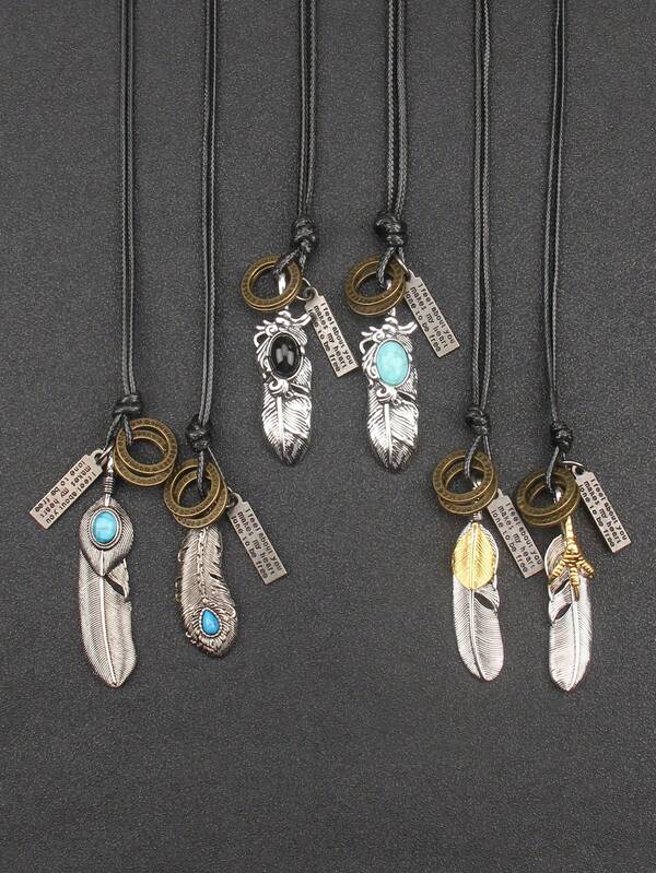 1pc Fashionable Turquoise Necklace With Feather Pendant, Choker Necklace Jewelry Gift For Brother Or Girlfriend