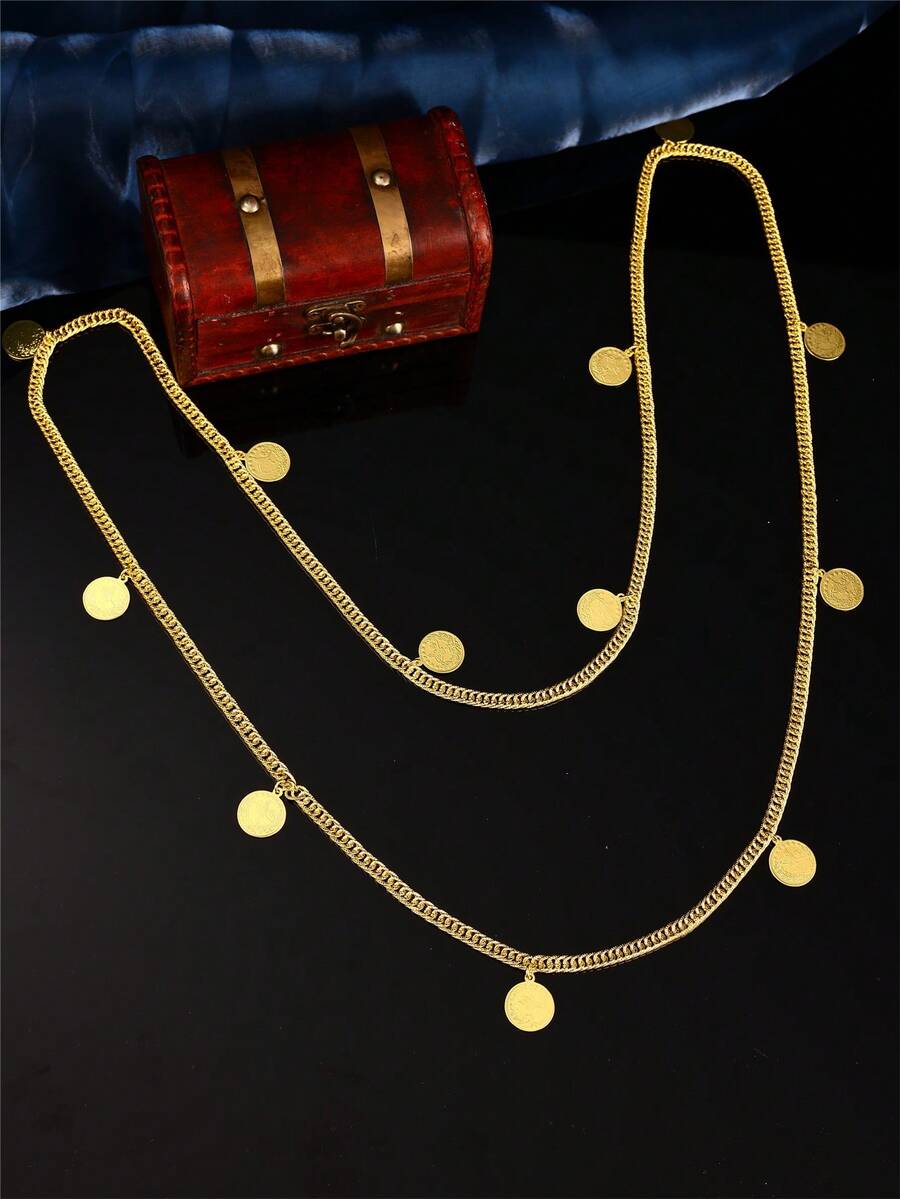 1 Luxurious Arabic Body Chain, Multi-Use Necklace With Coin Charms, Bridal Crossbody Shoulder Chain For Wedding Gown - Gold - View 1