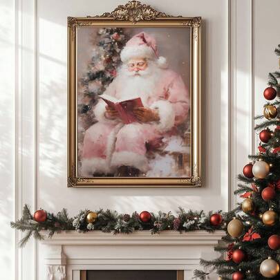 1pc, Canvas Wall Art, Framed Christmas Wall Art, Pink Santa Claus Wall Art, Pink Christmas-Themed Painting, Festive Decorations, Santa Claus Reading Scene, Christmas Decorations, Christmas Winter Decorative Poster, Festive Home Decor, Room Decor, Dormitory Decor, Bedroom Decor, Bathroom Decor, Living Room Decor, Office Decor, Campus Decor, Dining Room & Kitchen Decor, Christmas Gift, Library Decor