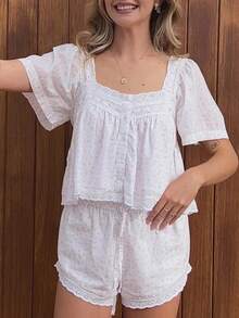 Women Y2k Lace Trim Shirt Babydoll Short Sleeve Ruffle Hem Flowy T Shirts Summer Boho Tops  Going Out Tops Streetwear - 淺粉色 - 查看 6