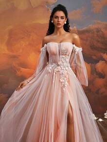 Elisanya Elegant Blush Pink Off-Shoulder Long Tulle Gown, 3D Floral Applique High Slit Evening Dress, Women Formal Dreamy Princess Prom Gown, Glamorous Party Dress Wedding Guest Dress - Baby Pink - View 8