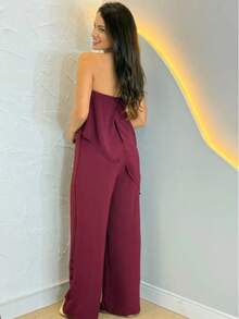 Long Asymmetrical Strapless Pantaloon Jumpsuit Spring Summer - 酒紅色 - 查看 5