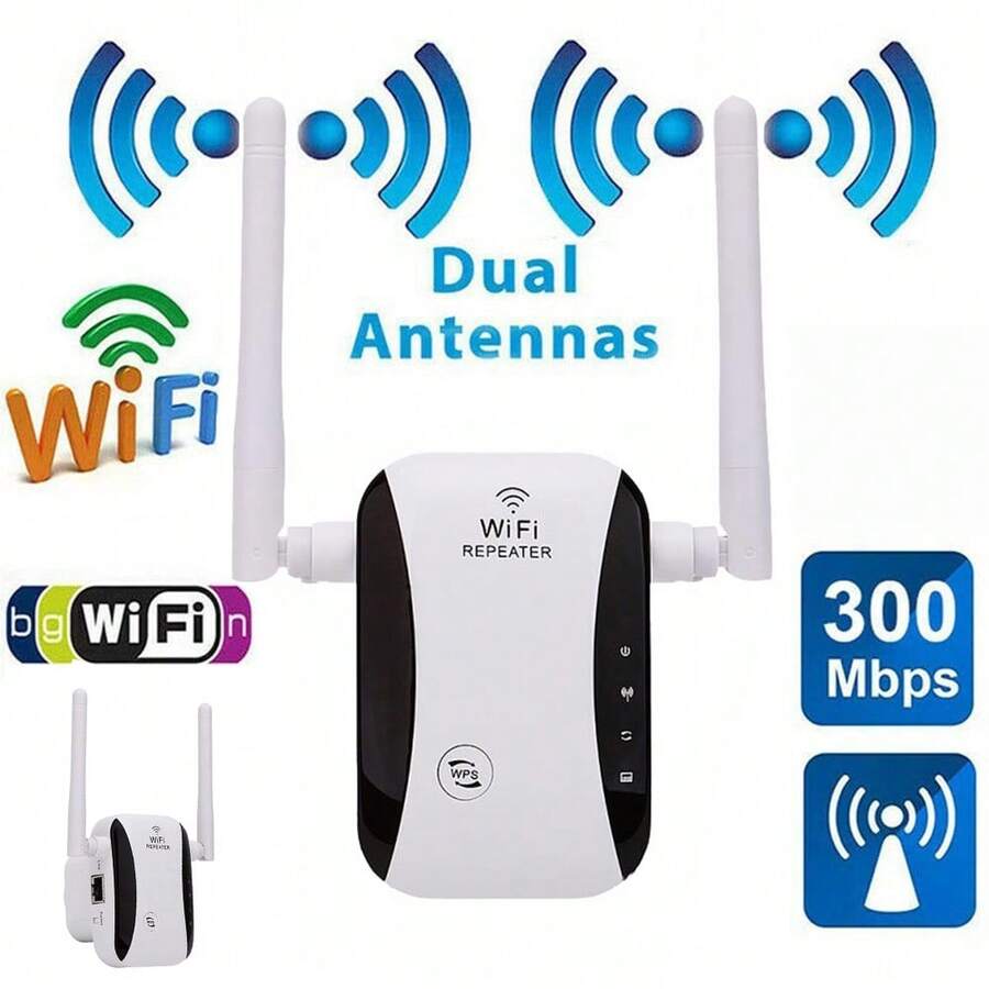 WiFi Extender With Dual Antennas And Signal Booster, 300Mbps High-Speed Coverage | AP Mode + Ethernet Port Eliminates Dead Spots | Perfect For Large-Sized Homes And Stable Gaming And Video Conferencing. Perfect For Home, Work, And Travel. - Black and White - View 1