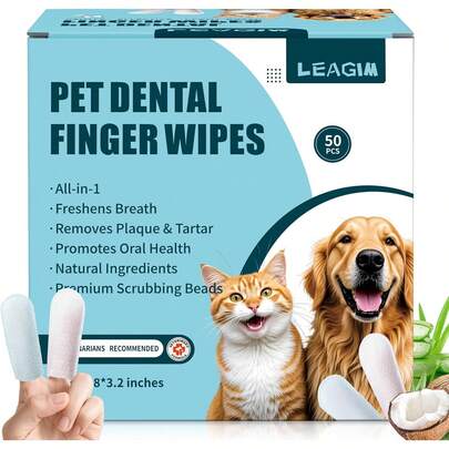 Dog Teeth Cleaning Wipes, Cat & Dog Toothbrush Brushing Kit, Dog Tooth Finger Dental Wipes To Remove Tartar & Plaque, Plant-Based Care Disposable Pet Wipes (50 Count, Uncented)