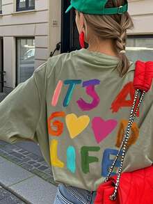 Women's Colorful Slogan Print Casual Round Neck Short Sleeve T-Shirt, New Summer Style, Suitable For Daily Wear. Vacation, Women's Graphic Tee, Women's White Top - Green - View 4