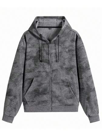 1 pieza Chaqueta con capucha gris oscuro para hombres con cordón, cremallera, puño y textura de teñido anudado al azar, adecuada para correr, hacer ejercicio y uso casual