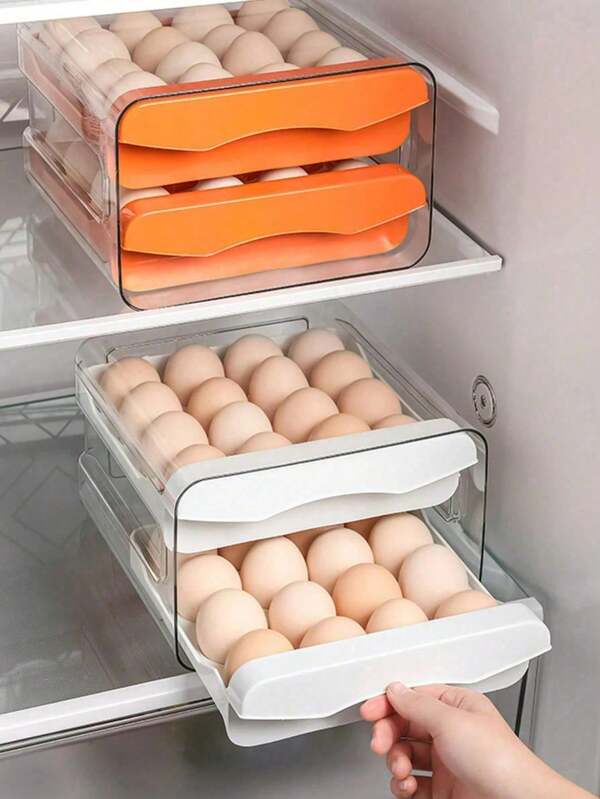 2-Layer Egg Door Tray Rolling Distributor Kitchen Drawer Style Double-Layer Egg Storage Box PET Transparent 32 Compartments Can Store 32 Eggs Refrigerator Fresh-Keeping Box Can Stack Egg Trays Egg Racks